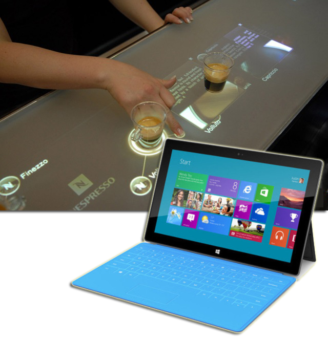 Future technology Multi Touch Surface demonstration with interactive objects